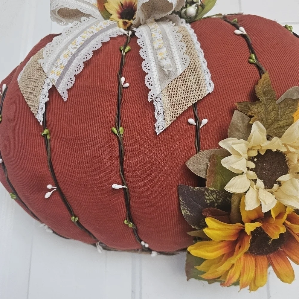 Handmade fall pumpkin wreath rusty orange with sunflowers in yellow and cream
